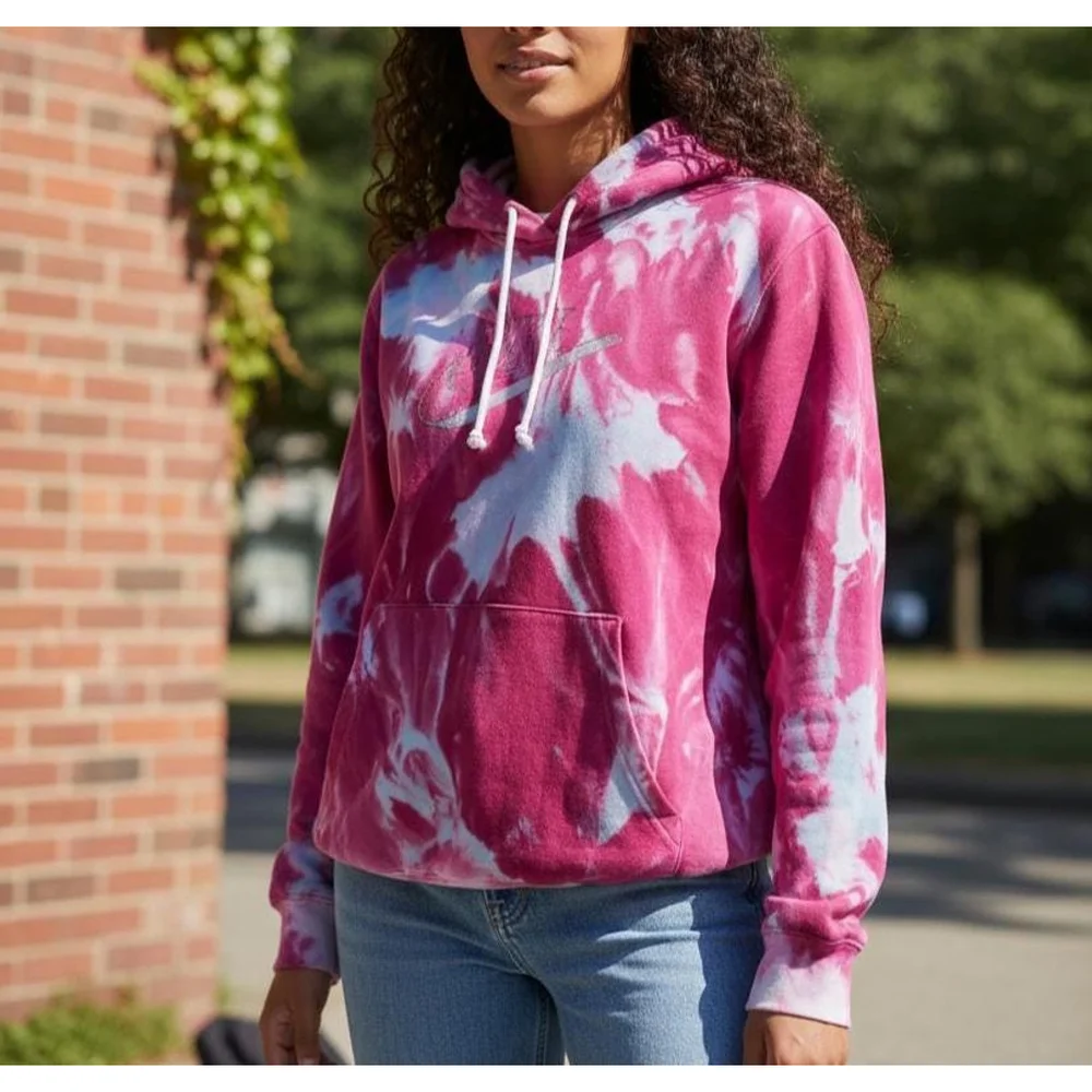 LARGE NIKE Reclaimed Hand-Dyed Hoodie – Vibrant Tie-Dye in Pink and Blue